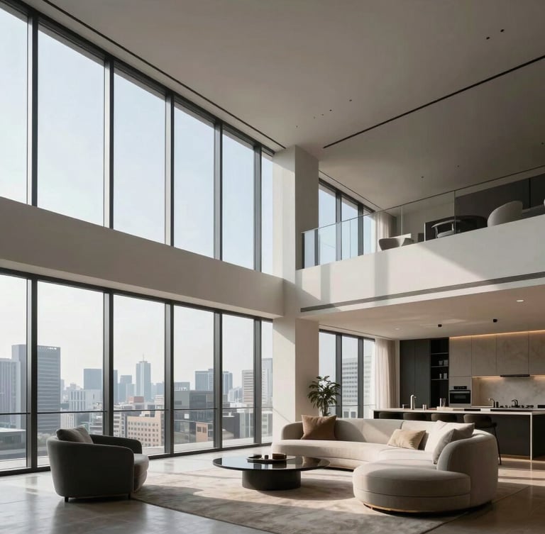 Minimalist penthouse interior in Equipetrol, double-height ceiling, floor-to-ceiling windows showing city skyline, luxury furniture