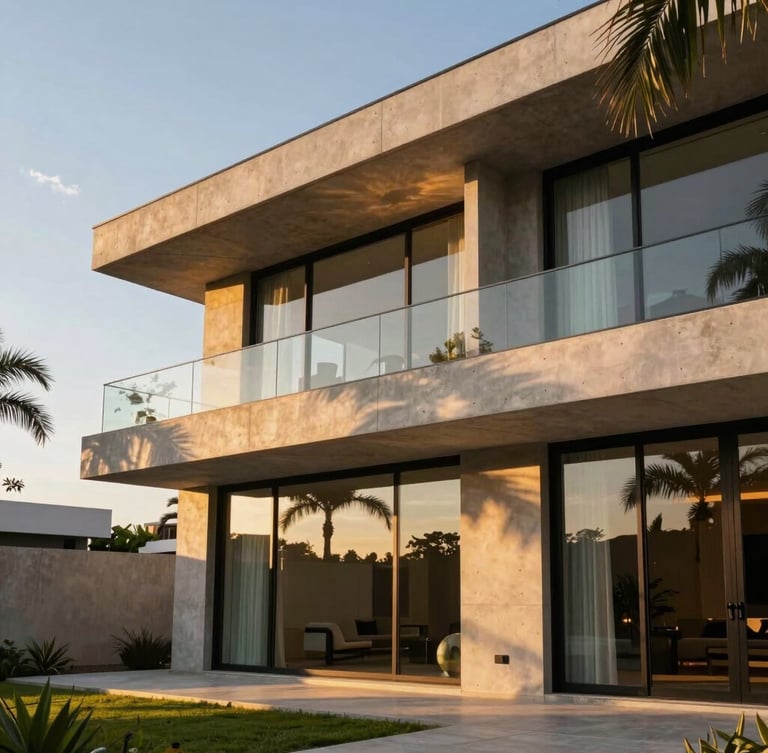 Wide environmental shot of a modern luxury villa facade in Santa Cruz de la Sierra, sunset warm golden hour light, clean concrete lines and large glass windows, tropical palm tree shadows cast on the wall, high-end architectural photography.