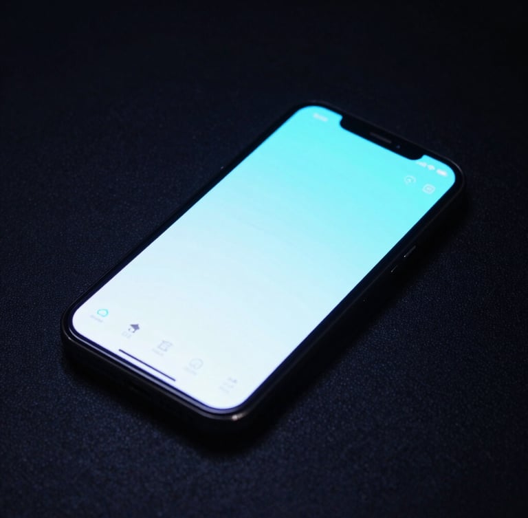 Dynamic angled shot of a mobile device displaying a crisp, glowing app interface, low-key ambient light with electric-blue screen-glow casting light onto a dark, textured surface, 50mm lens.