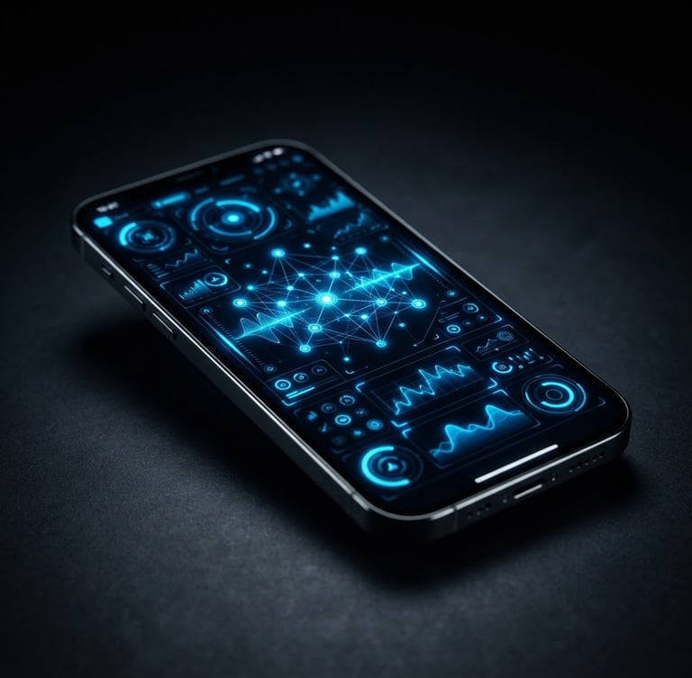 Sleek tech photography of a high-fidelity mobile device mockup displaying a dark, high-contrast app interface with vibrant electric-blue accents, dark ambient studio lighting, sharp focus, 50mm lens