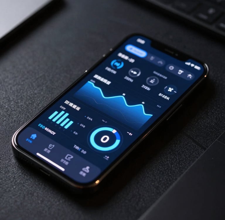 Tight macro crop of a mobile device screen displaying a complex app interface with performance metrics, glowing electric blue, in a dark creative workspace, casting light onto physical surfaces, sharp focus, 50mm lens.