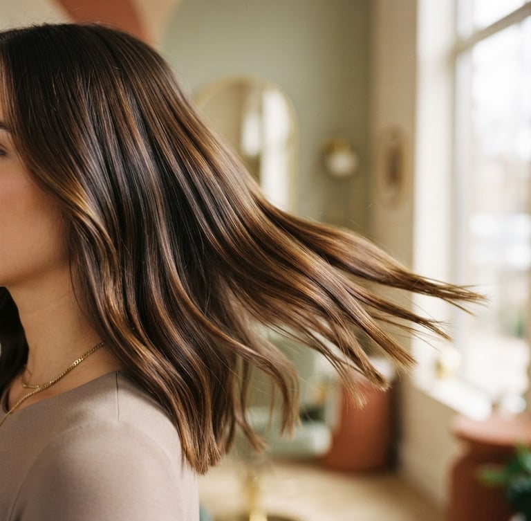 Close-up of a client's healthy, glossy hair after a fresh cut, soft natural window light, muted earth tones and gold accents, shallow depth of field, 35mm, hair flowing gently to the right, showing texture and shine.
