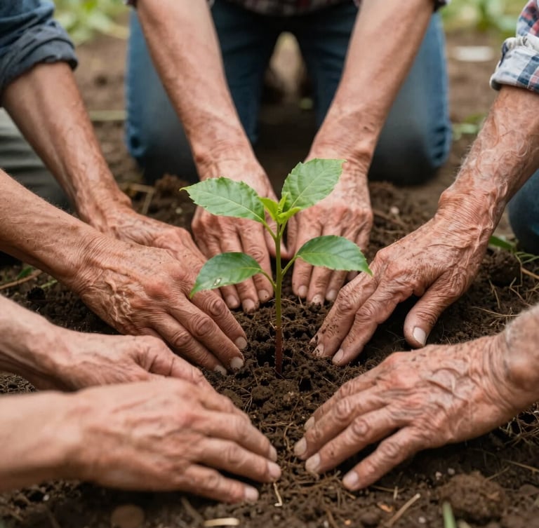 Close-up of hands of different generations working together to plant a small tree in fertile soil, natural soft daylight, warm earthy tones, authentic texture.