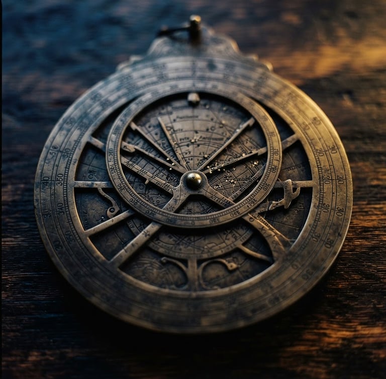 Macro photograph of a heavy brass astrolabe on a dark wooden table, low-key golden-hour light casting long shadows, shallow depth of field