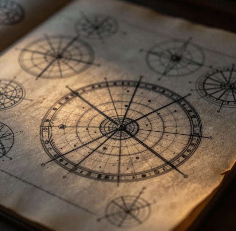 Macro photography of detailed hand-drawn astronomical charts on vintage parchment, warm golden-hour light illuminating precise geometric ink lines, shallow depth of field.