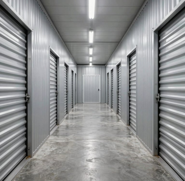 Spotless, brightly lit corridor of a modern commercial storage facility in Albigny-sur-Saône, featuring clean steel doors, polished concrete floor, and crisp overhead LED lighting.