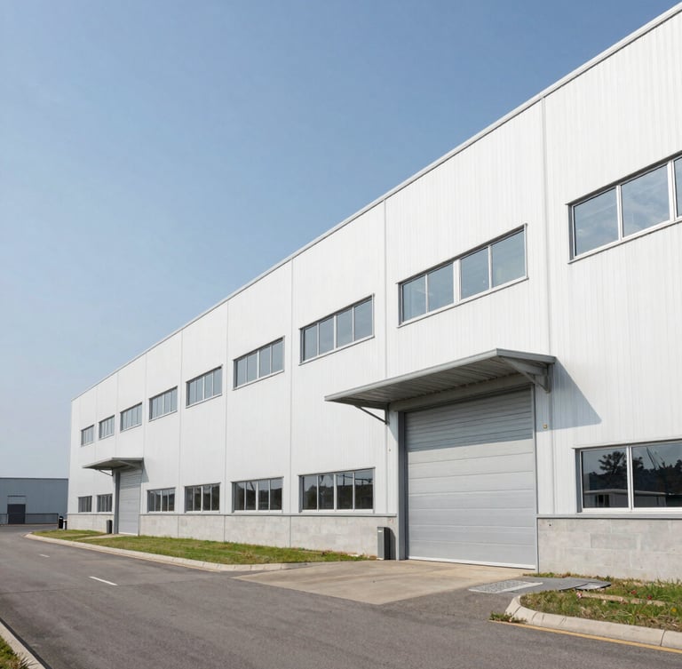 Wide-angle architectural photograph of a modern, clean industrial storage facility exterior in Albigny-sur-Saône, bright daylight, crisp corporate aesthetic, negative space on the left