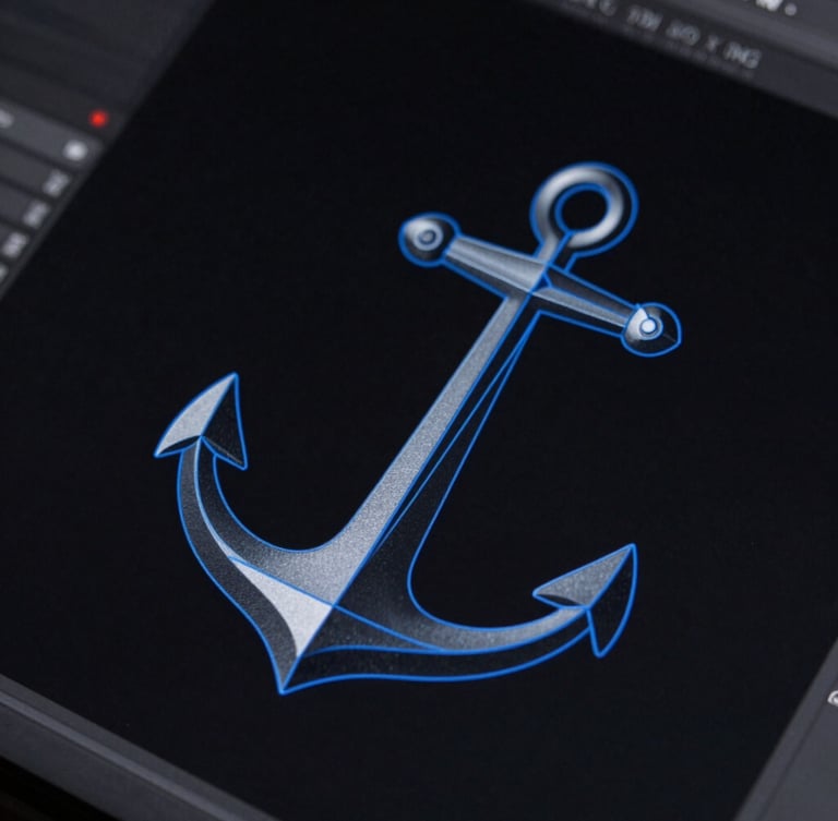 Extreme close-up of vector anchor points on a screen, clean geometric path construction in a design software, technical blue lines on a stark dark canvas.