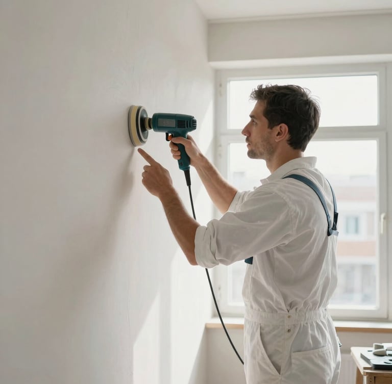 A professional decorator in clean white overalls using a dust-free sanding system on a smooth plaster wall, natural light streaming through a large sash window, immaculate work environment.