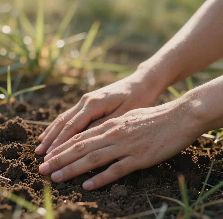 Close-up of hands gently resting on warm, sunlit soil, soft morning light filtering through grass, shallow depth of field, calm and grounded atmosphere.