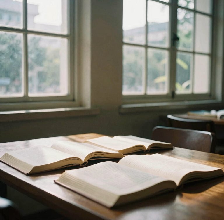 Editorial film photography of a quiet library in Jakarta, warm natural light streaming through high windows, shadows casting on open academic books on a wooden table, 35mm lens.