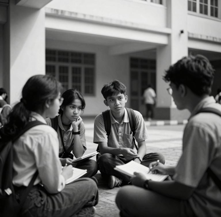 Cinematic black and white editorial film photography, 35mm lens. Candid thoughtful interaction of students discussing in an urban public space in Jakarta, strong natural shadows, architectural lines.
