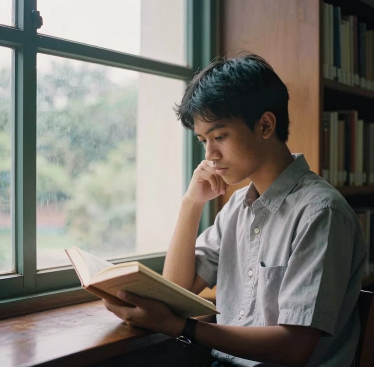 Candid thoughtful portrait of an Indonesian student reading an open book near a large library window, soft natural light, deep intellectual shadows, editorial film photography.