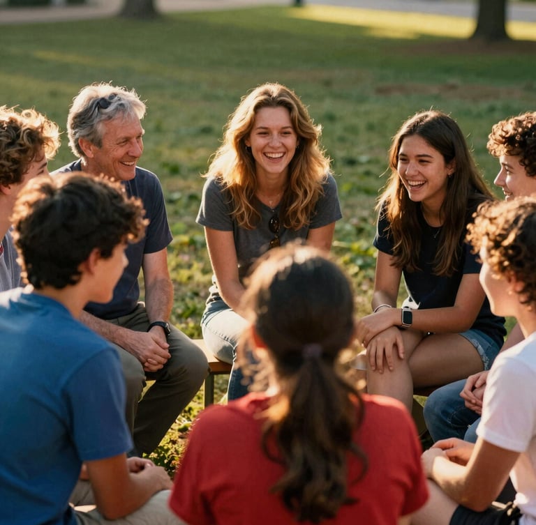 A collaborative outdoor circle of mentors and local youth laughing together, warm natural golden-hour light, rich vibrant tones, 35mm film style.