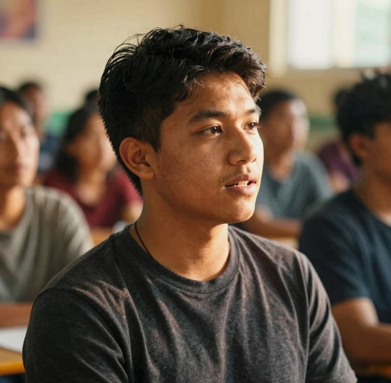 A close-up photograph of a young leader speaking confidently at a community workshop, warm golden-hour sunlight, rich vibrant tones, shallow depth of field.
