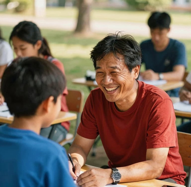 A mentor laughing warmly with a young mentee during an outdoor workshop, bright open shade, rich vibrant tones, shallow depth of field, 35mm film style.
