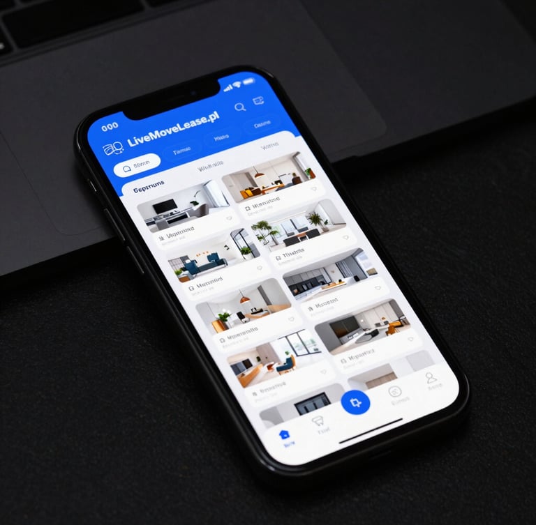 Angled mockup of LiveMoveLease.pl interface on a physical smartphone screen, glowing electric blue in a moody dark office, sharp focus on property listing grid, 35mm
