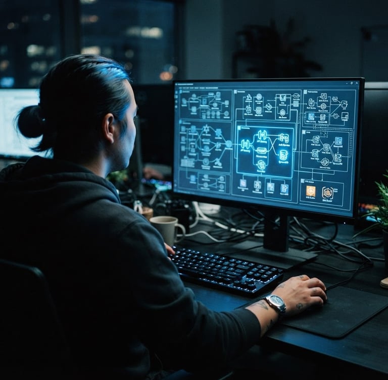 Over-the-shoulder perspective of a developer analyzing complex architecture diagrams on a screen with sharp electric blue glow, moody ambient office lighting, 35mm