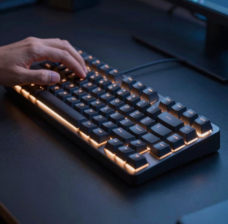 Hands of a developer typing on a mechanical keyboard, warm screen glow reflecting on a clean dark desk, macro focus, premium tech photography