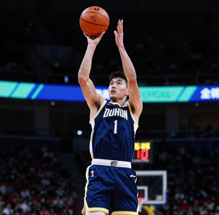 Action freeze-frame of a young player shooting a layup, high-contrast stadium lighting, sharp shadows, athletic intensity.