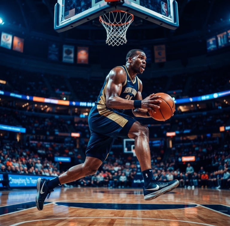 Low-angle heroic shot of an adult basketball player driving hard to the basket, dramatic high-contrast indoor stadium lighting, side-lit sweat, deep blue color grading.