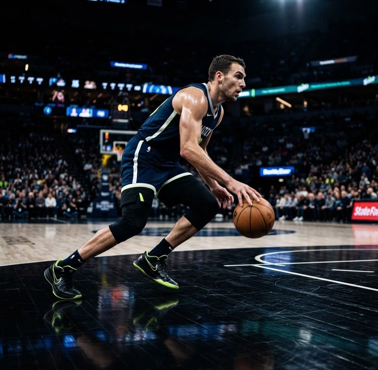 Dynamic low-angle action shot of a basketball player mid-dribble on a polished dark court, dramatic stadium side-lighting, sharp shadows, high contrast, 35mm lens.