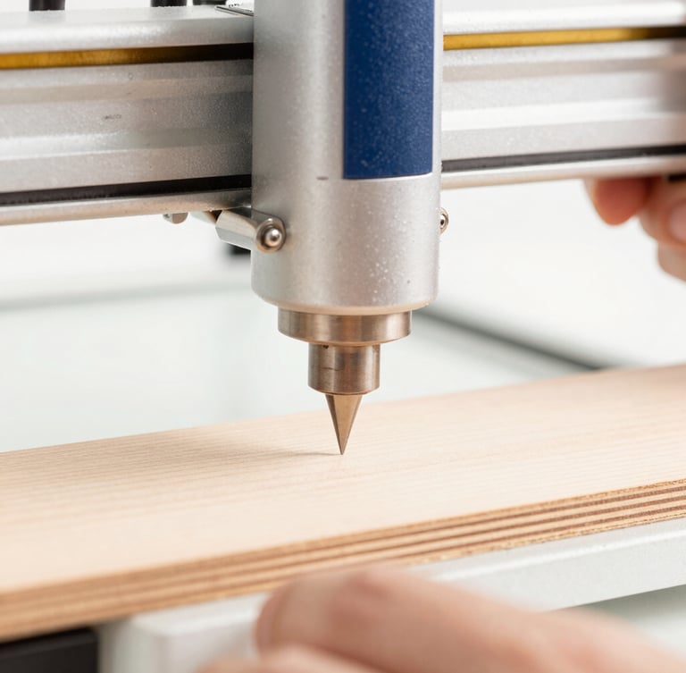 Close-up of hands operating a precision laser engraver on a piece of wood, sharp textures, bright natural side-light, clean white backdrop, warm gold accents, 50mm