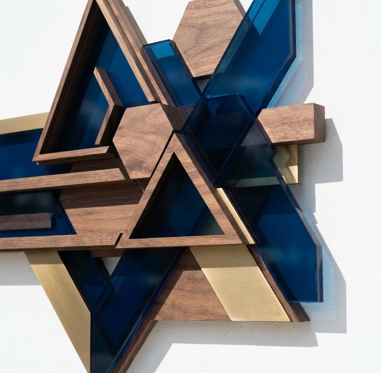 Close-up of a custom-milled wood and acrylic sign, sharp edges, bright natural Florida sunlight, geometric shadows, clean white backdrop, 50mm.