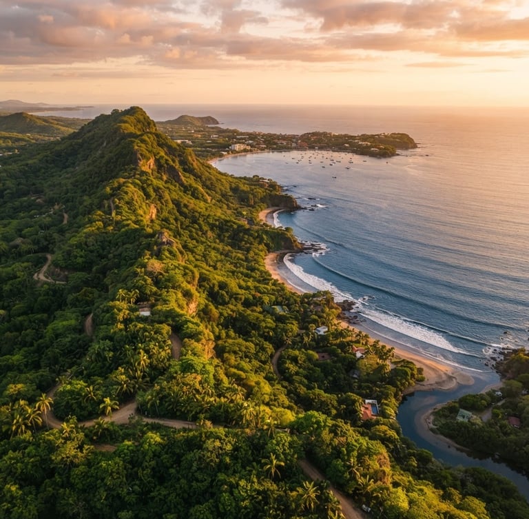 Wide environmental drone photograph of a lush green ridge overlooking the deep blue Pacific ocean at golden hour, Tamarindo, Costa Rica.