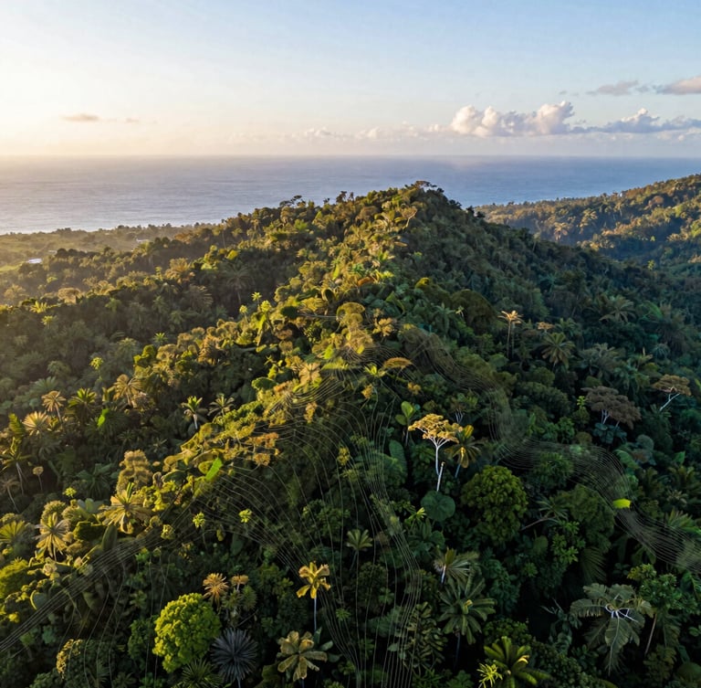 High-altitude environmental drone photograph of a lush green jungle canopy transitioning to a clear ridge line, golden hour sunlight, architectural overlay lines showing topography.