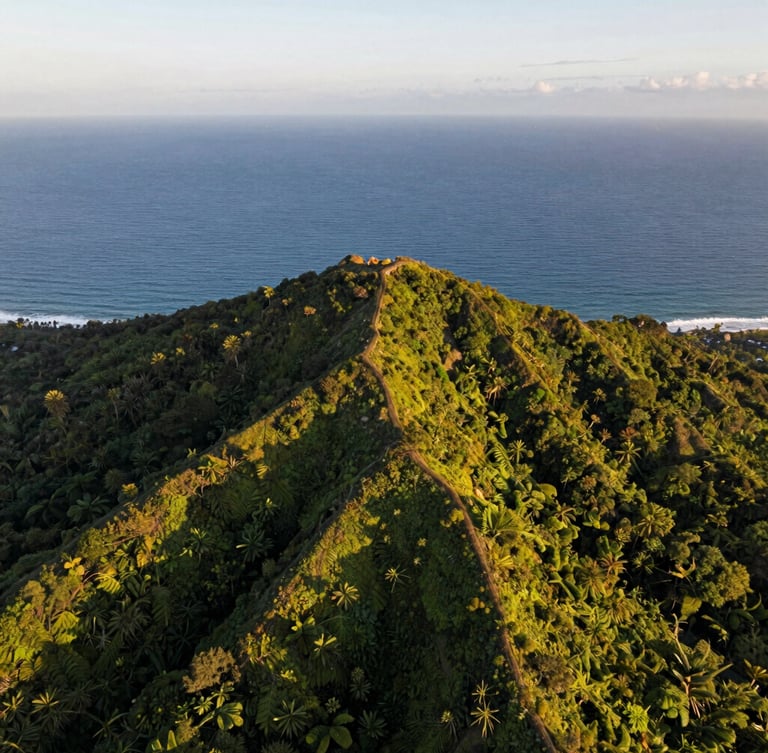 Warm editorial drone photography of a lush green ridge overlooking the ocean, golden-hour sunlight casting long shadows across the canopy, wide-angle aerial perspective.