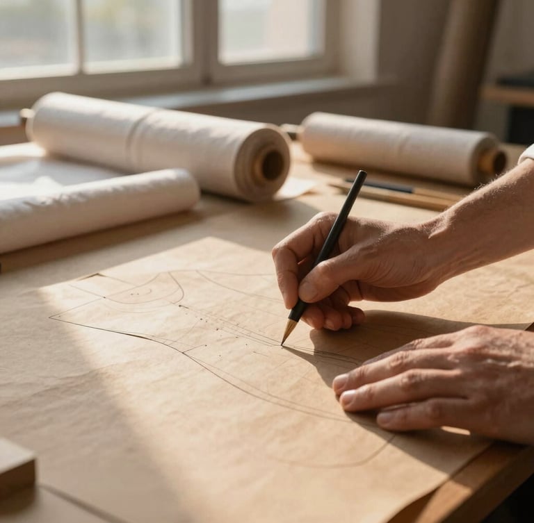 A close-up of hands drafting a custom garment pattern on heavy brown kraft paper, soft golden hour sunlight filtering through studio windows, rolls of linen fabric in the background.