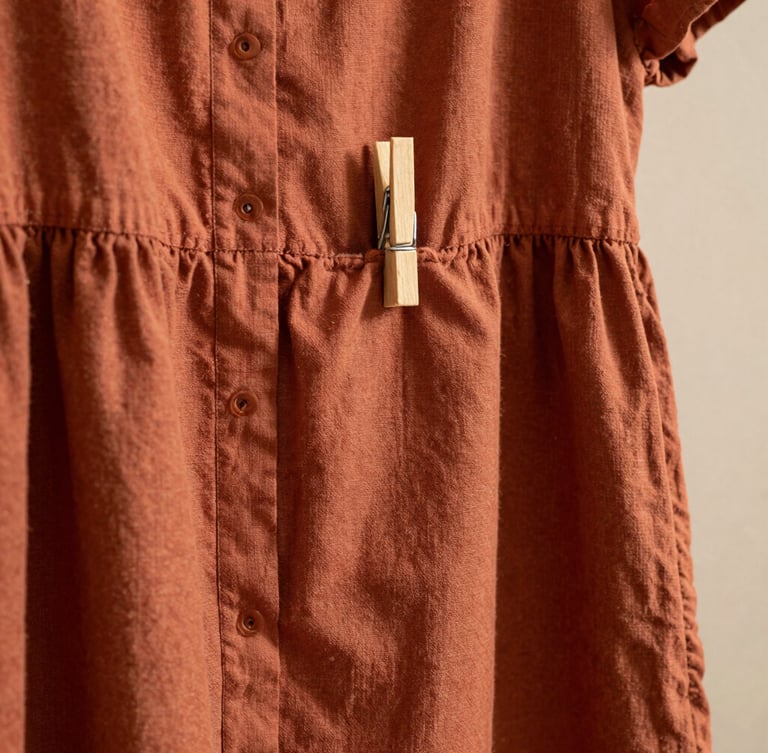 Close-up of a pattern-drafted linen-blend dress hanging on a raw wooden peg, warm clay terracotta fabric texture, soft side-lighting.