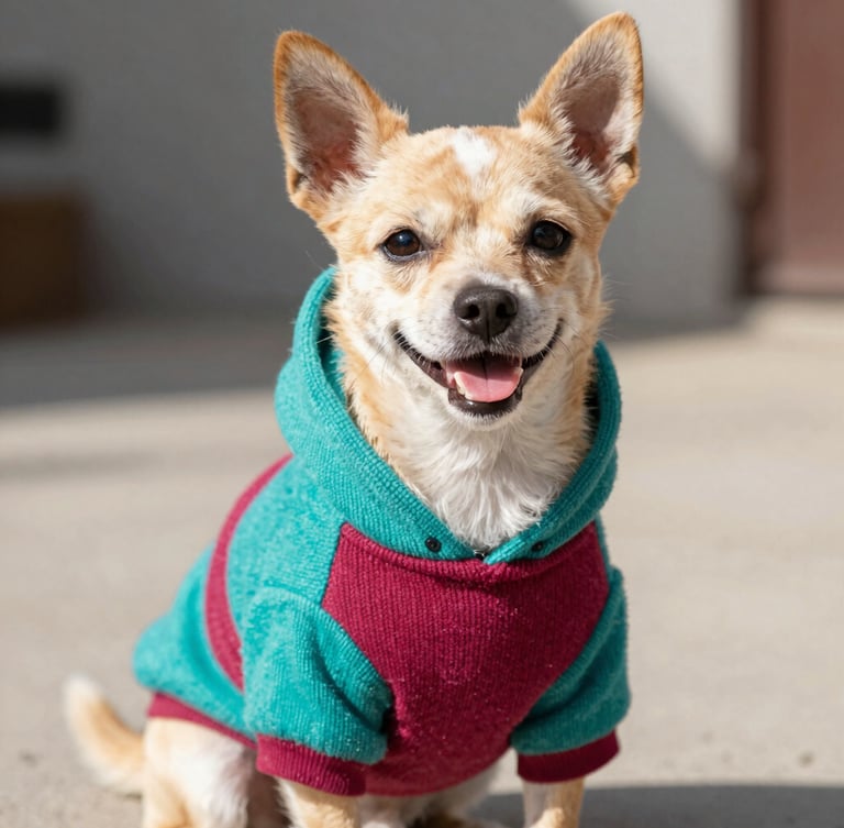 A happy small dog wearing a vibrant colorful knitted hoodie, sitting outdoors in bright natural daylight, eye-level shot, shallow depth of field, 35mm
