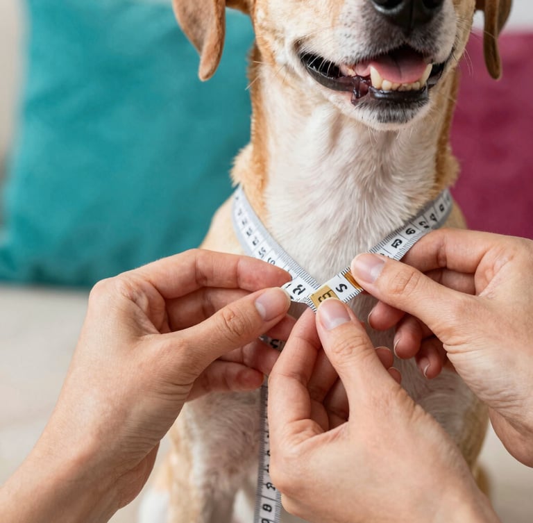 Plano detalle de manos delicadas midiendo el pecho de un perrito feliz con una cinta métrica suave, taller de costura luminoso con retazos de tela coloridos al fondo, fotografía editorial cálida, 35mm