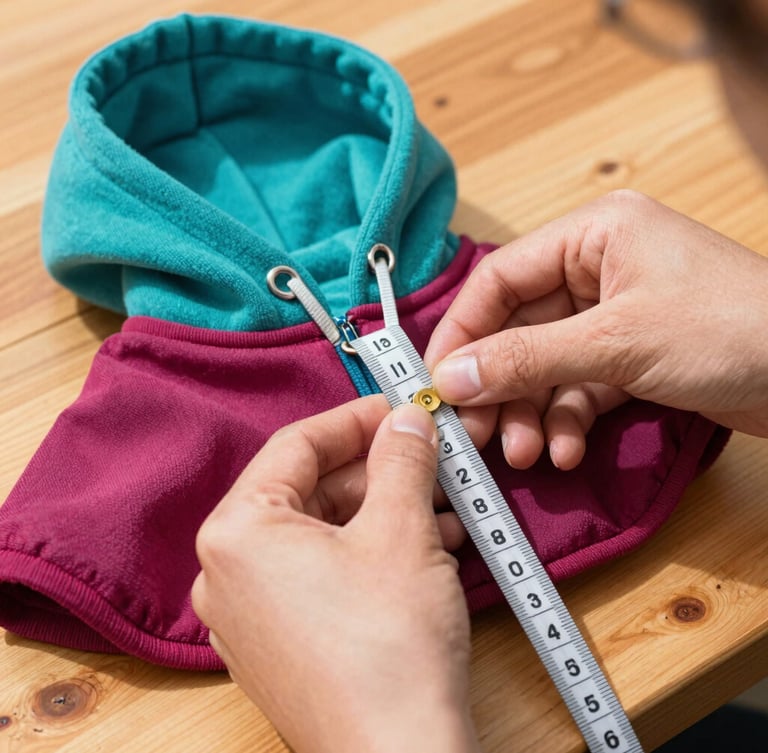 Hands of a Mexican artisan carefully measuring and sewing a vibrant berry colored pet hoodie on a wooden table, warm daylight, close-up details