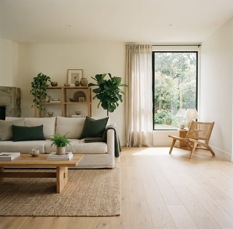 Japandi style living room with natural oak furniture, soft cream linen sofa, and subtle deep forest green accents, sunlight streaming through a large window, a sense of calm and spaciousness, wide shot with furniture to the left and empty space to the right for text, editorial lifestyle photography, soft diffused natural daylight, earthy forest tones, warm wood and stone textures, 35mm