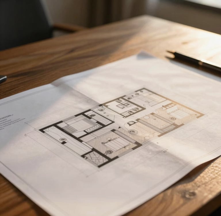 Close-up of high-quality architectural plans on a wooden table, golden hour light, elegant office setting, professional atmosphere