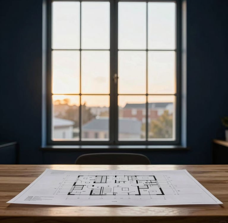 Minimalist clean interior of a modern real estate office, architectural plans on an oak table, soft natural window light, elegant professional atmosphere, 35mm