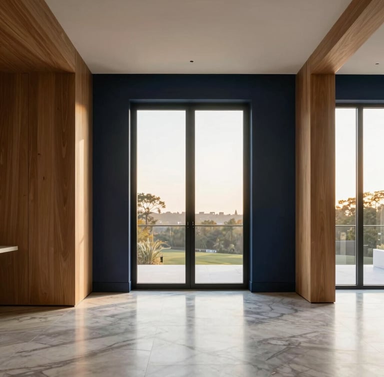 Bright minimalist interior of a high-end residential space, polished marble floors, warm oak details, diffused natural window light, sharp focus, editorial photography