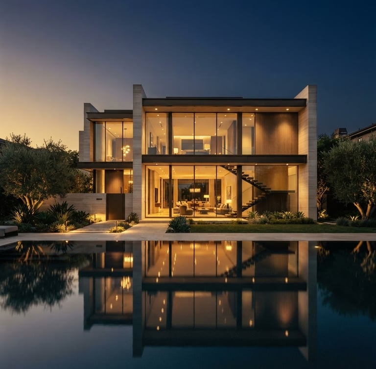 Modern luxury residence exterior at dusk, straight vertical lines, deep navy sky, soft golden hour reflections on glass and water, editorial architectural photography, 35mm