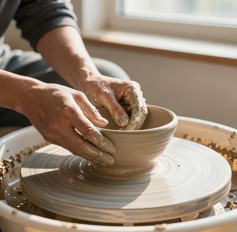 Close-up of potter's hands covered in wet terracotta clay shaping a bowl on a spinning wheel, warm morning sunlight, cozy studio background