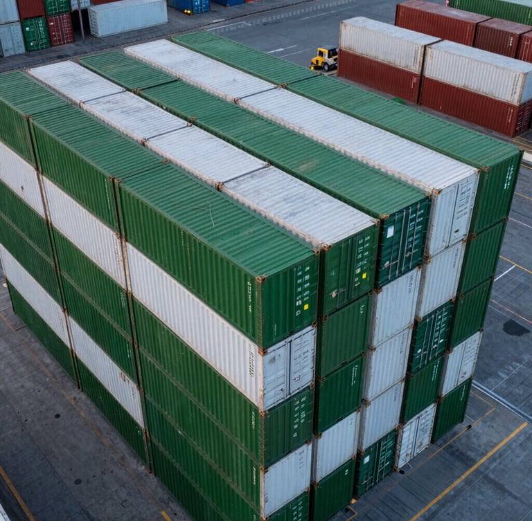 A high-altitude drone shot of a geometric container terminal at twilight, sharp clean lines of stacked forest green and white containers, diffused cool light.