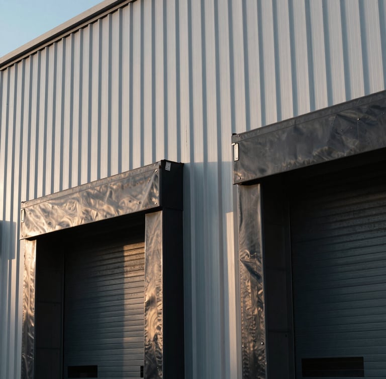 Abstract architectural close-up of a modern warehouse loading dock, corrugated steel panels in cool morning light, minimal geometric shadows.
