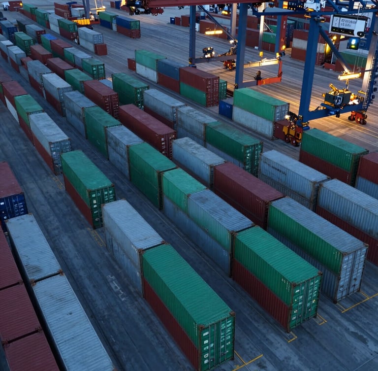 An overhead drone shot of a massive container terminal at dusk, cool twilight lighting, sharp geometric rows of green and grey shipping containers, clean composition.