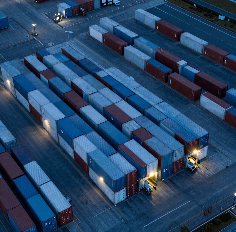 High-altitude drone shot of a modern geometric container terminal at twilight, cool blue lighting, structured rows of cargo