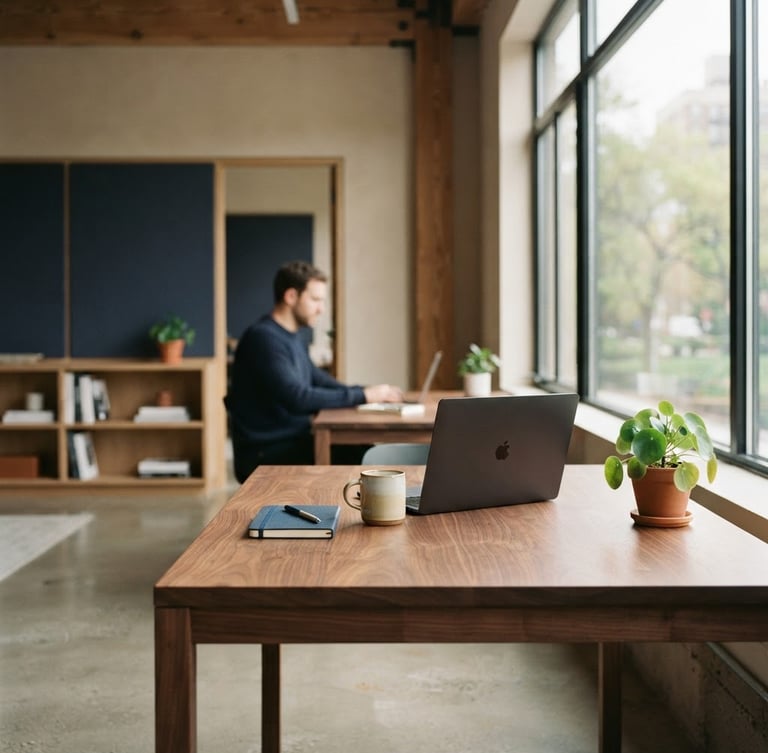 A quiet, modern architectural office space with soft natural window light, clean lines, minimalist concrete and warm wood textures, shallow depth of field