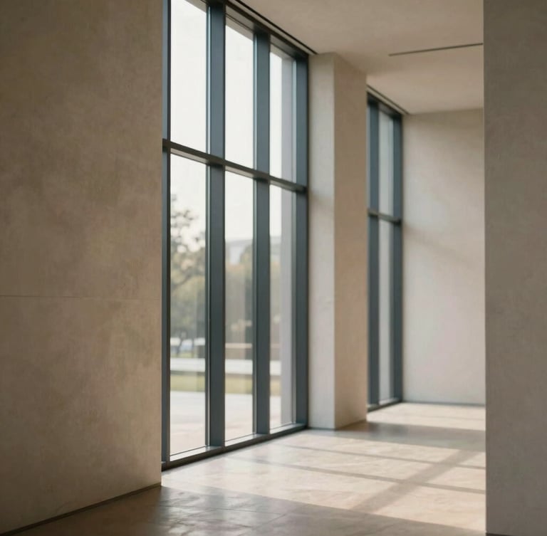 A quiet modern architectural office space with soft morning window light filtering through tall glass panels, minimalist warm beige concrete walls, clean lines, shallow depth of field.