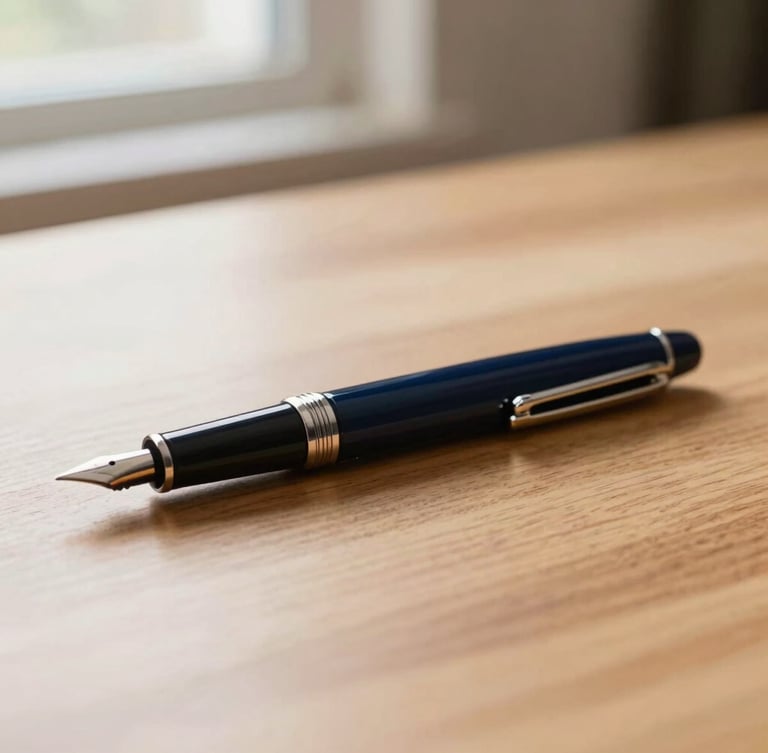 An elegant, close-up of high-end stationery and a fountain pen on a warm oak desk, soft diffused daylight, shallow depth of field, premium corporate editorial.