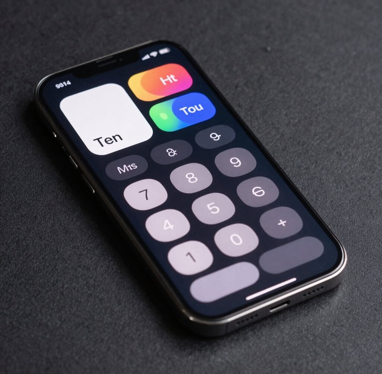 A high-fidelity portrait mockup of a Pixel phone displaying a clean, dark-mode calculator widget with adaptive Material You colors, soft studio lighting, sharp focus on tactile button edges